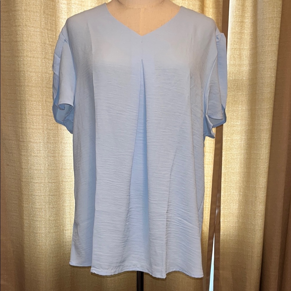 Light Blue Tulip Sleeve Pleated V Neck Short Sleeve Blouse Womens XXL